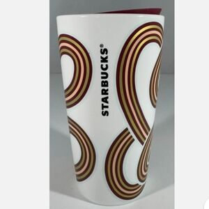 Starbucks White Ceramic Tumbler with Gold and Maroon Design